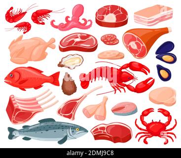 Cibo a base di carne. Cartoon frutti di mare e macellaio cibo, gamberi, salmone, aragosta, costolette di prima qualità, pancetta e bistecca di manzo. Set di illustrazioni vettoriali per alimenti proteici Illustrazione Vettoriale