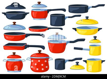 Padella per friggere cartoni animati. Pentole da cucina, pentole e casseruola in metallo, oggetti da cucina. Set di illustrazioni vettoriali per utensili da cucina Illustrazione Vettoriale