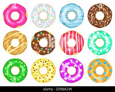 Ciambelle di cartone animato. Smalto dolce e spolverare le ciambelle, ciambella di cioccolato con glassa di zucchero. Set di illustrazioni vettoriali deliziose ciambelle colorate Illustrazione Vettoriale