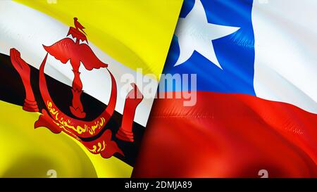 Bandiere del Brunei e del Cile. Progettazione di bandiere ondulate 3D. Brunei Cile bandiera, foto, sfondo. Immagine Brunei vs Cile, rendering 3D. Brunei Cile relazioni allia Foto Stock