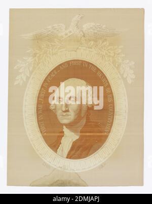 Ritratto di George Washington, Medium: Tecnica della seta: Damasco tessuto di jacquard, ritratto intessuto di George Washington all'interno di una cartouche crestata di aquila. Tessuto, sopra la testa di Washington: Prima in guerra prima in pace e prima nel cuore dei suoi connazionali., Lione, Francia, 1856, tessuti, Ritratto di George Washington Foto Stock
