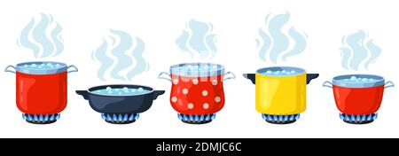 Cucina pentole. Tegame bollente Cartoon, zuppa di cottura bollente su stufa a gas. Set di illustrazioni vettoriali per acqua bollente al vapore Illustrazione Vettoriale