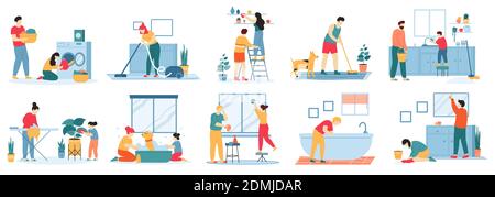 Pulizia della casa. La gente lavora a casa, aspira moquette, piatti di lavaggio, stiratura e lavanderia. Set di illustrazioni vettoriali per attività di pulizia Illustrazione Vettoriale