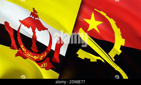 Brunei and Angola flags. 3D Waving flag design. Brunei Angola flag, picture, wallpaper. Brunei vs Angola image,3D rendering. Brunei Angola relations a Stock Photo