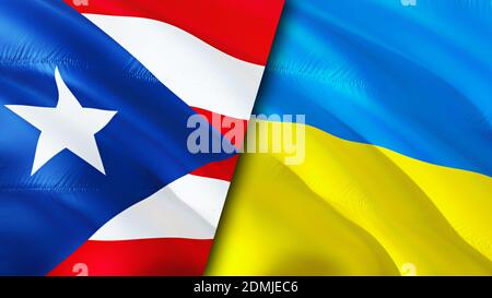 Puerto Rico and Ukraine flags. 3D Waving flag design. Puerto Rico Ukraine flag, picture, wallpaper. Puerto Rico vs Ukraine image,3D rendering. Puerto Stock Photo