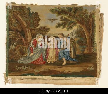 Embroidered picture, Medium: wool, silk, and paint on silk Technique: split, stem, cross and couching on plain weave silk on plain weave linen. Uncounted stitches., The Holy Family (Mary, Jesus and Joseph) in a landscape with the Holy Spirit, personified as a dove, in the sky. The silk fabric was placed on a plain weave linen fabric and the embroidery was done through both layers., England, 1850–1900, embroidery & stitching, Embroidered picture Stock Photo