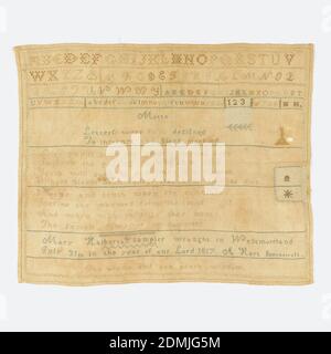 Campionatore, Mary Halbert, inglese, Medio: Ricamo di seta su fondazioni di lino tecnica: Ricamato in punti a croce e ad occhiello su fondazioni di tessitura piana; cerotti di cotone, 'otto./ le lettere sono state progettate per istruire e benedire l'umanità/ gli allievi di Seize afferrano l'ora attuale di fuga/ migliorano il momento che passa mentre vola/ la gioventù sarà presto l'uomo è un fiore/ la cui fioritura presto si sbiadisce come presto muore./ la virtù e la verità quando sono combinate/ Riordina il Le maniere formano la mente/ e quando con l'industria si incontrano/ il carattere femminile è completo/ campionatore Mary Halbert lavorato in Westmoreland Foto Stock