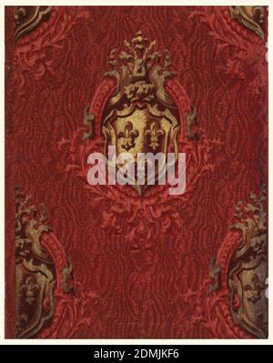 Parete laterale - campione, stampata a macchina su carta, grande schermo araldico su cartouche, contro una superficie di tessuto-come rosso brillante., USA, 1906–08, Wallcoverings, parete laterale - campione Foto Stock