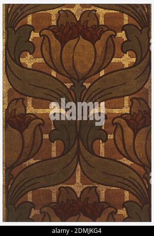 Sidewall - sample, Machine-printed paper, In shades of brown and green large blossom with curling leaves and foliage, against grid background., USA, 1906–08, Wallcoverings, Sidewall - sample Stock Photo