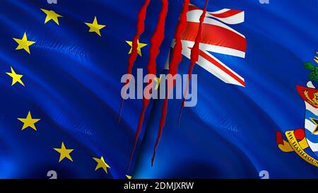 Bandiere dell'Unione europea e delle Isole Cayman con concetto di cicatrice. Flag di ondulazione, rendering 3D. Concetto di conflitto tra l'Unione europea e le Isole Cayman. Unione europea Foto Stock