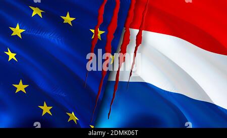 Bandiere dell'Unione europea e dei Paesi Bassi con concetto di cicatrice. Flag di ondulazione, rendering 3D. Concetto di conflitto tra Unione europea e Paesi Bassi. Unione europea Neth Foto Stock