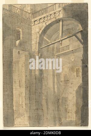 Scenografia, Sala delle prigioni, penna e inchiostro marrone, pennello e seppia lavaggio su carta, rettangolo verticale. Immenso alto carcere con finestre sbarrate, galleria intorno alla cima, scale che conducono a sinistra e a destra, verricello con corda a destra., Italia, XVIII secolo, teatro, disegno Foto Stock