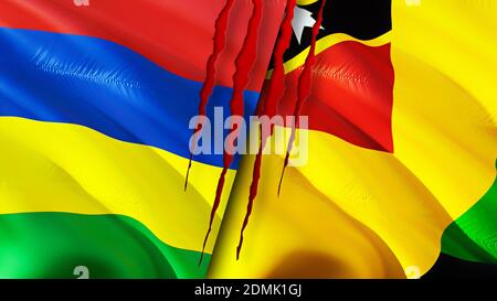 Mauritius e Nevis Island bandiere con concetto di cicatrice. Flag di ondulazione, rendering 3D. Mauritius e Nevis Island Conflict Concept. Isola di Mauritius Nevis rela Foto Stock