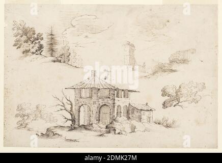 Disegni di alberi e una Casa, penna e inchiostro marrone su carta panna posata, in alto a sinistra: Schizzo di un po 'di paesaggio boscoso; in alto a destra: Un angolo di una parete del giardino; in basso al centro: Una piccola casa, con fumo che esce dal camino; in basso a destra: Un ramo d'albero., Firenze, Italia, 1610–30, architettura, disegno Foto Stock