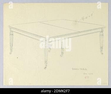 Design per un tavolo da pranzo rettangolare regolabile con sei gambe, A.N. Davenport Co., grafite su carta sottile, crema, parte superiore sagomata rettangolare con angoli arrotondati e barella divisoria che scorre attraverso il centro, sollevata su 6 [5 mostrato] scolpiti, girati e scanalati gambe rastremate su rotelle. Decorazioni floreali agli angoli del tavolo, 1900–05, mobili, disegno Foto Stock