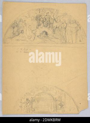 Disegni di due lunette, Francis Augustus Lathrop, americano, 1849 - 1909, grafite su carta marrone chiaro, sopra, Apollo seduto su rocce, con un cavallo alato accanto a lui. Apollo sta tenendo una lira. Gruppi di figure su entrambi i lati. Sotto, la piastra di iscrizione. Verso: Schizzi, USA, ca. 1895, architettura, interni, disegno Foto Stock