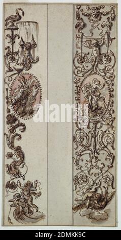 Progetto per pannello dipinto, grafite, penna e inchiostro, pennello e acquerello, seppia su carta, due bande verticali con candelabro. Al centro di ciascuno di un ovale rosa con figure. Sopra e sotto sono putti., Francia, ca. 1805, ornamento, disegno Foto Stock