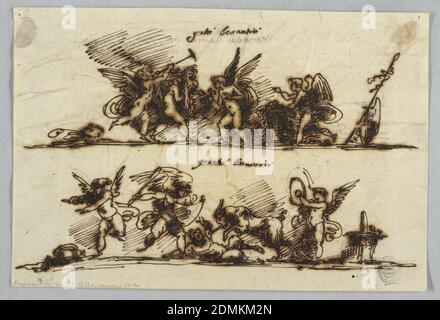 Disegno per due fregi con Putti, Felice Giani, Italiano, 1758–1823, grafite, penna e inchiostro su carta, pagina divisa orizzontalmente in due fregi con gruppi di putti., Italia, ca. 1800, ornamento, disegno Foto Stock