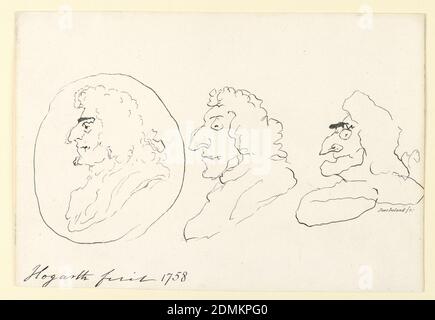 Tre grottesche teste in profilo (dopo Hogarth), Jane Irlanda, British, William Hogarth, inglese, 1697 - 1764, incisione su carta, tre grotteschi profili di uomini in parrucche lunghe, delineati con graffio, linee esplorative imitando grottesche approssimativamente disegnate da William Hogarth., Inghilterra, ca. 1790, figure, Stampa Foto Stock