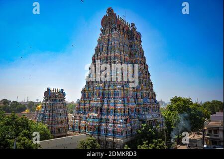 Meenakshi Amman Temple a Madurai, costruito intorno al 17 ° secolo DC, il tempio è dedicato a Lord Shiva e Dea Parvati in Tamil Nadu a febbraio Foto Stock