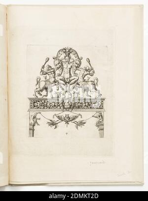 Piastra 3, da una serie di disegni per ornamento di fabbro, Antoine Jacquard, francese, attivo 1616 - d. ca. 1640, incisione su carta a fogli, un rettangolo verticale che mostra un disegno grottesco simmetrico. In cima, un paio di satiri con i randelli colpiscono una figura colta con due scudi. Sotto, un quadro architettonico con un fregio di flora e fauna, e un gufo in volo., Francia, 1615, album (Bound) & libri, Stampa Foto Stock