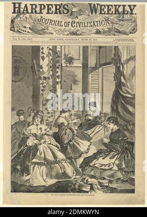 The War - Making Havelocks for the Volontarii, from Harper's Weekly, June 29, 1861, p. 401., Winslow Homer, American, 1836–1910, incisione in legno con inchiostro nero su carta da giornale, vista verticale di un interno con un gruppo di donne cucite in primo piano., June 29, 1861, graphic design, Print Foto Stock