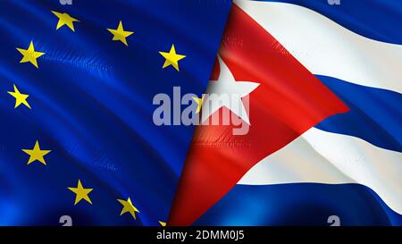 Bandiere dell'Unione europea e di Cuba. Progettazione di bandiere ondulate 3D. Bandiera, immagine, sfondo dell'Unione europea a Cuba. Immagine Unione europea vs Cuba, rendering 3D. Europa Foto Stock