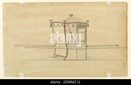 Design per una sedia berlina, penna e inchiostro, pennello e vari colori dell'acqua su carta, mostrato dall'angolo posteriore destro con due barre. La finestra ha due pannelli e una tenda. Il pannello accanto è decorato con un disco con un piccolo garland e un gambo di fiori che si incurva dal basso a destra agli angoli superiori a sinistra. Le parti superiori del pannello superiore del retro e di tutti e tre i pannelli inferiori sono decorate con festoni appesi ai nodi di prua. Una piccola cescheon si trova al centro sopra il bordo inferiore del pannello superiore del retro. Le corone si trovano agli angoli e in cima al tetto. Foto Stock