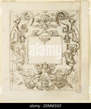 Grottesque Design, carbone, penna e inchiostro su carta, Strapwork con animali e arpie incorniciano un pannello quadrato centrale. In alto, un cherubino e un'andatura floreale, Italia, inizio XVII secolo, grottesche, disegno Foto Stock