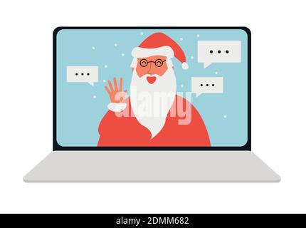 Computer portatile con videochiamata online con Babbo Natale, blocco di Natale Illustrazione Vettoriale