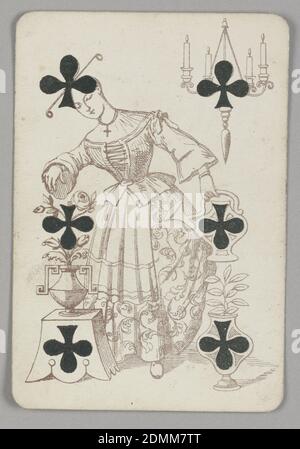 Sei di Club, E. le Tellier, francese, attivo fine del 19 ° secolo, B.P. Grimaud, Parigi, Francia, litografia su carta, sei dei club che giocano carta da un pacchetto di carte da gioco di trasformazione. Figura femminile in abito fiorito e acconciatura ornamentale. Porta una caraffa d'acqua e vasi d'acqua di fiori e piante. In alto a destra, un lampadario con quattro candele accese. Sei club neri integrati nel design., Parigi, Francia, fine del 19 ° secolo, giocattoli e giochi, carta da gioco, carta da gioco Foto Stock