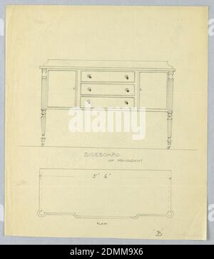 Progettazione in piano ed elevazione per sponda mogano su ruote, A.N. Davenport Co., grafite su carta crema sottile, vista in elevazione: Sponda rettangolare con 4 piedini rastremati dritti torniti e scanalati su rotelle; la parte anteriore tripartita ha 3 cassetti fiancheggiati da 2 ante; bassa controspruzzo., vista in pianta: Sezione anteriore leggermente sporgente con angoli anteriori arrotondati., 1900–05, mobili, disegno Foto Stock