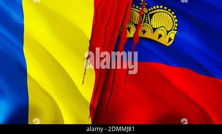 Bandiere Romania e Liechtenstein con concetto di cicatrice. Flag di ondulazione, rendering 3D. Romania e Liechtenstein concetto di conflitto. Romania Liechtenstein relatio Foto Stock