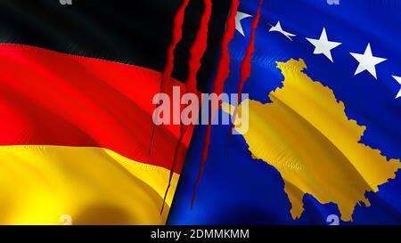 La Germania e il Kosovo bandiere con il concetto di cicatrice. Flag di ondulazione, rendering 3D. Germania e Kosovo concetto di conflitto. Germania concetto di relazioni con il Kosovo. Bandiera di G. Foto Stock