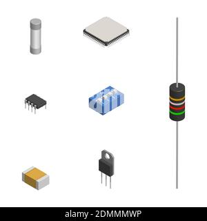 Insieme di diversi componenti elettronici attivi e passivi isolati su sfondo bianco. Resistore, condensatore, diodo, microcircuito, il fusibile e il pulsante. 3D Illustrazione Vettoriale