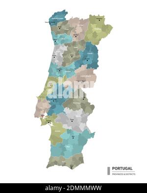 Portogallo higt mappa dettagliata con suddivisioni. Mappa amministrativa del Portogallo con il nome di distretti e città, colorata per stati e dist amministrativo Illustrazione Vettoriale