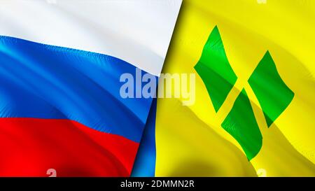 Russia e Saint Vincent e Grenadine bandiere. Progettazione di bandiere ondulate 3D. Russia Saint Vincent e Grenadine bandiera, foto, carta da parati. Russia vs Foto Stock