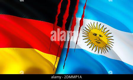 Bandiere di Germania e Argentina con concetto di cicatrice. Flag di ondulazione, rendering 3D. Concetto di conflitto tra Germania e Argentina. Germania concetto di relazioni Argentina. Foto Stock