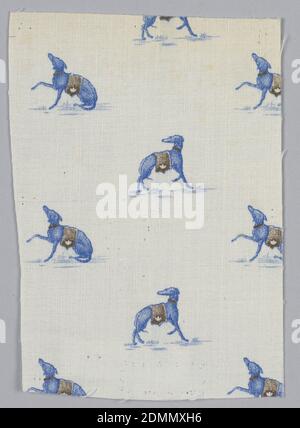 Sample, Medium: cotton Technique: printed on plain weave, Woven cotton textile printed in blue and brown on white ground showing a pattern of greyhound dogs., USA, late 19th century, printed, dyed & painted textiles, Sample Stock Photo