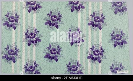 Textile, Schwartz-Huguenin, Medium: cotton Technique: printed by engraved roller on plain weave; glazed, Two pieces with same ground, different floral pattern. A) Ground green in striped effect, broad band, narrower white and pale green, probably by 'molette.' Flower clusters in violet printed over ground. B) Same ground, smaller flower clusters in violet. Glazed., 1851–63, printed, dyed & painted textiles, Textile Stock Photo