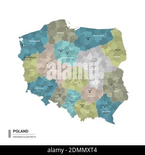 La Polonia ha una mappa dettagliata con suddivisioni. Mappa amministrativa della Polonia con il nome dei distretti e delle città, colorata per stati e distretto amministrativo Illustrazione Vettoriale