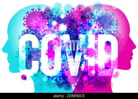 A male & female back-to-back silhouette, overlaid with various sized overlapping transparent Corona Virus shapes. The Word “COVID” is placed centrally. Illustrazione Vettoriale