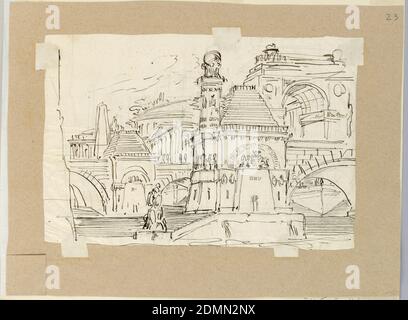 Stage Design, Gruppo di edifici antichi, Angelo Toselli, ca. 1765? – 1826, penna e inchiostro su carta, rettangolo orizzontale. Gruppo di edifici antichi, su volte., Italia, primi del 19 ° secolo, teatro, disegno Foto Stock