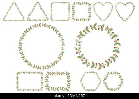 Cornice floreale per il design festaiole con rami di bacche di rowan con foglie. Modello vettoriale romantico. Sei collezioni di forme: Rotonda, quadrata, cardiaca, rettangolare, Heaxagon, triangolo. Illustrazione Vettoriale