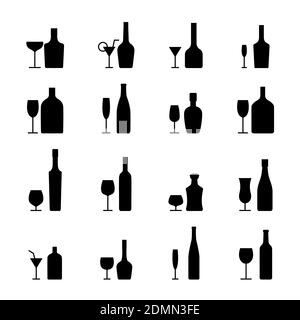 Alcohol bottles and glasses icons set. Black silhouettes on a white background, vector illustration. Stock Vector