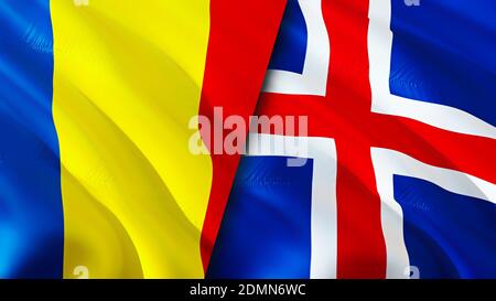 Bandiere della Romania e dell'Islanda. Progettazione di bandiere ondulate 3D. Romania Islanda bandiera, foto, sfondo. Immagine Romania vs Islanda,rendering 3D. Romania Islanda rel Foto Stock