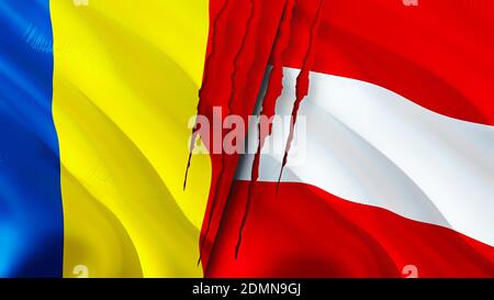 Bandiere Romania e Austria con concetto di cicatrice. Flag di ondulazione, rendering 3D. Romania e Austria concetto di conflitto. Romania Austria relazioni concetto. Bandiera o Foto Stock