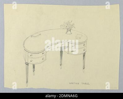 Disegno per tavolo da scrittura a forma di rene con due libri e vaso di fiori, A.N. Davenport Co., grafite su carta crema sottile, 1900–05, mobili, disegno Foto Stock