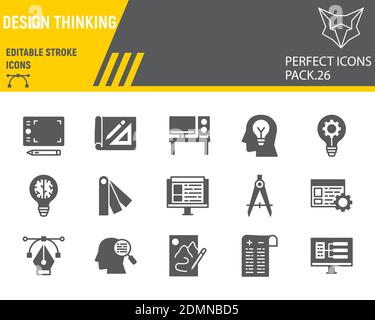 Set di icone glyph di progettazione, collezione di ideazione, schizzi vettoriali, illustrazioni di logo, icone di progettazione, pittogrammi solidi di segni di progettazione Illustrazione Vettoriale