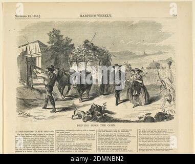 Driving Home il mais, Winslow Homer, americano, 1836–1910, Harper's Weekly, incisione in legno in inchiostro nero su carta, UN uomo e due donne che vengono a casa con il mais come un altro uomo guida le squadre di buoi. Metà superiore della pagina., USA, 13 novembre 1858, cifre, Stampa Foto Stock